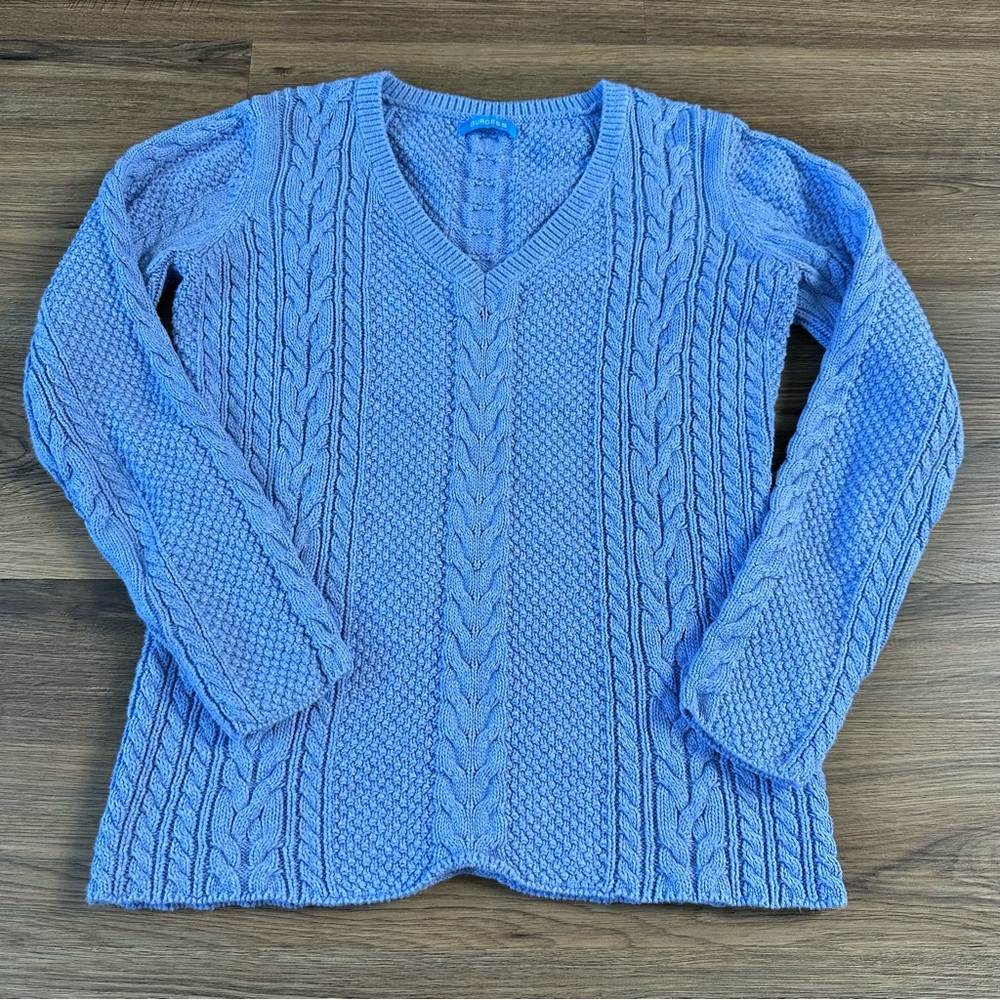 BURGESS Cable Knit Cashmere Blend Sweater Womens‎ XS Blue V-neck Fisherman Cabin